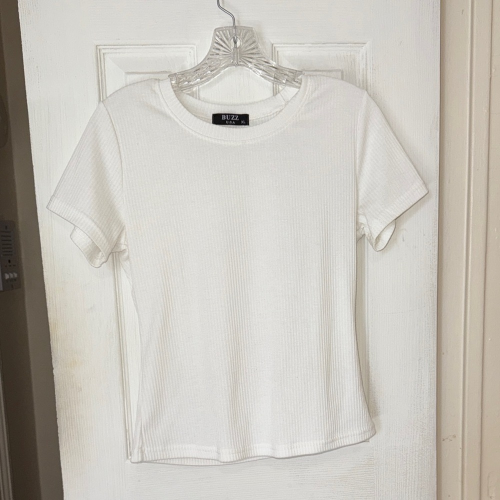 Women's White Short Sleeved Ribbed Top size medium or girls XL